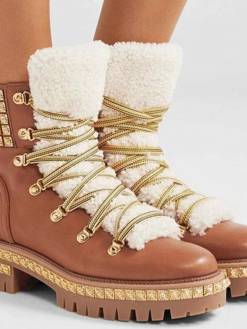Christian Louboutin Sample Yeti Donna Shearling Studded Hiking Boots, 38/8/7.5